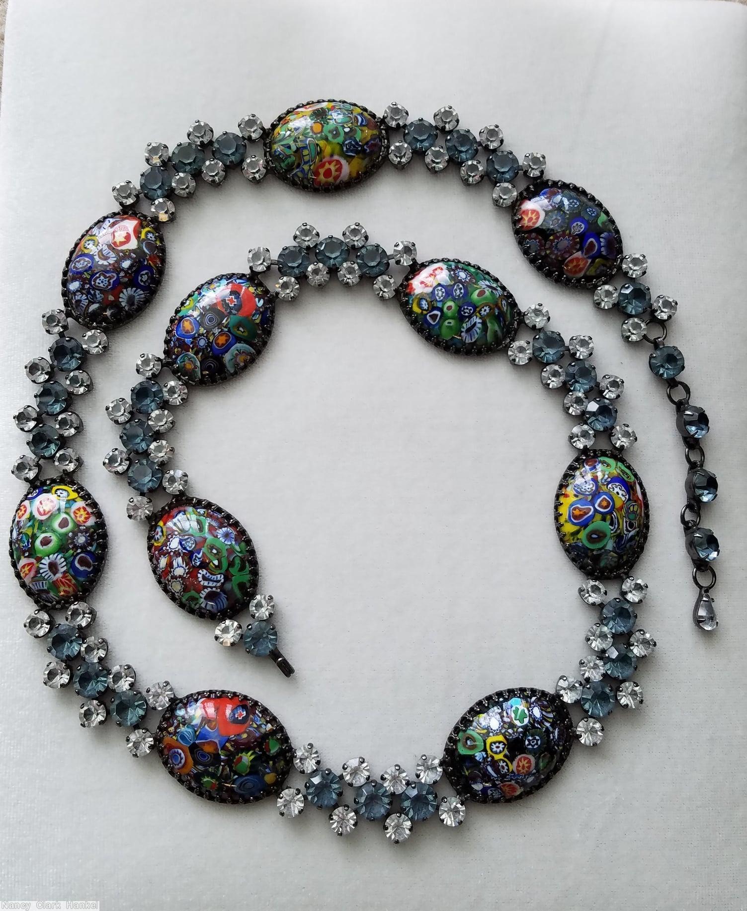 Schreiner 10 large oval stone connected by 3 chaton and 8 small chaton large oval millefiori crystal smoky blue inverted gunmetal jewelry