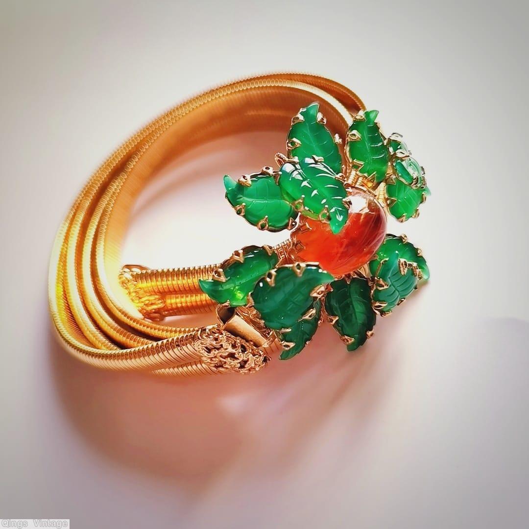 Schreiner 12 carved leaf cross buckle large oval center green leaf marbled carnelian large oval center goldtone jewelry