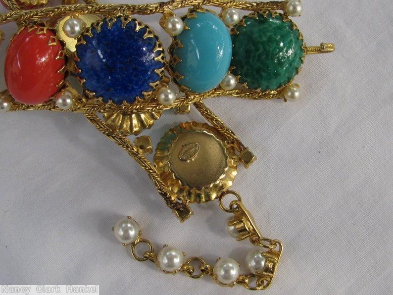 Schreiner 2 strand 14 large disc 13 oval stone total 27 stone faux pearl lapis emerald opaque coral opaque baby blue goldtone jewelry