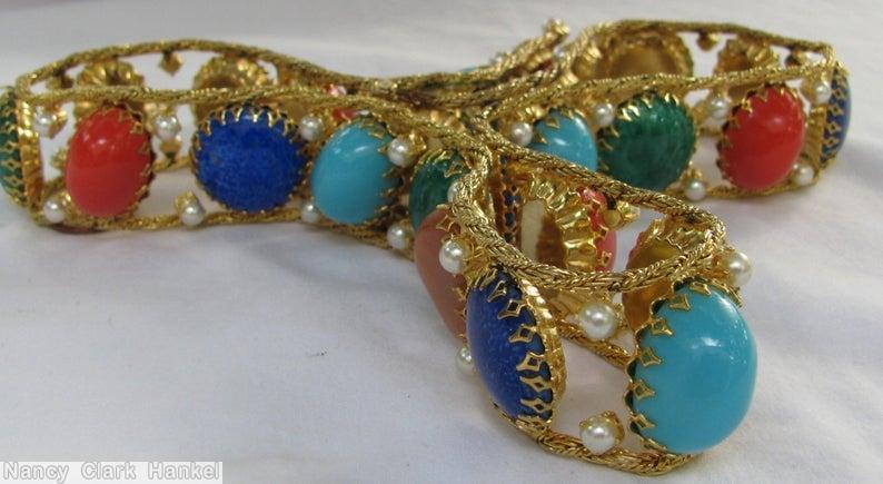 Schreiner 2 strand 14 large disc 13 oval stone total 27 stone faux pearl lapis emerald opaque coral opaque baby blue goldtone jewelry