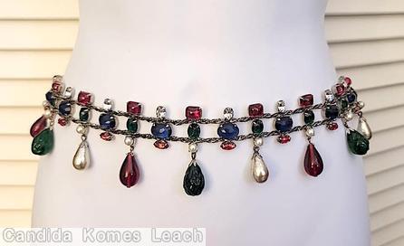 Schreiner 2 strand drippy teardrop dangle belt lumpy emerald teardrop faux pearl ruby teardrop navy oval cab ruby emerald cut crystal chhaton navy oval cab twisted metal strand silvertone jewelry