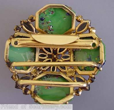 Schreiner 4 large millefiori radial square buckle green millefiori brown red goldtone jewelry