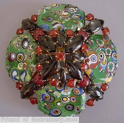 Schreiner 4 large millefiori radial square buckle green millefiori brown red goldtone jewelry