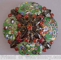 Schreiner 4 large millefiori radial square buckle green millefiori brown red goldtone jewelry