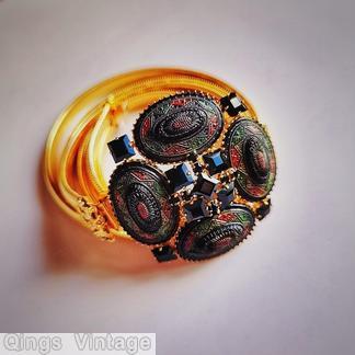 Schreiner 4 large oval moroccan tile square radial buckle 9 small square stone jet small square stone red green black large oval moroccan tile goldtone jewelry