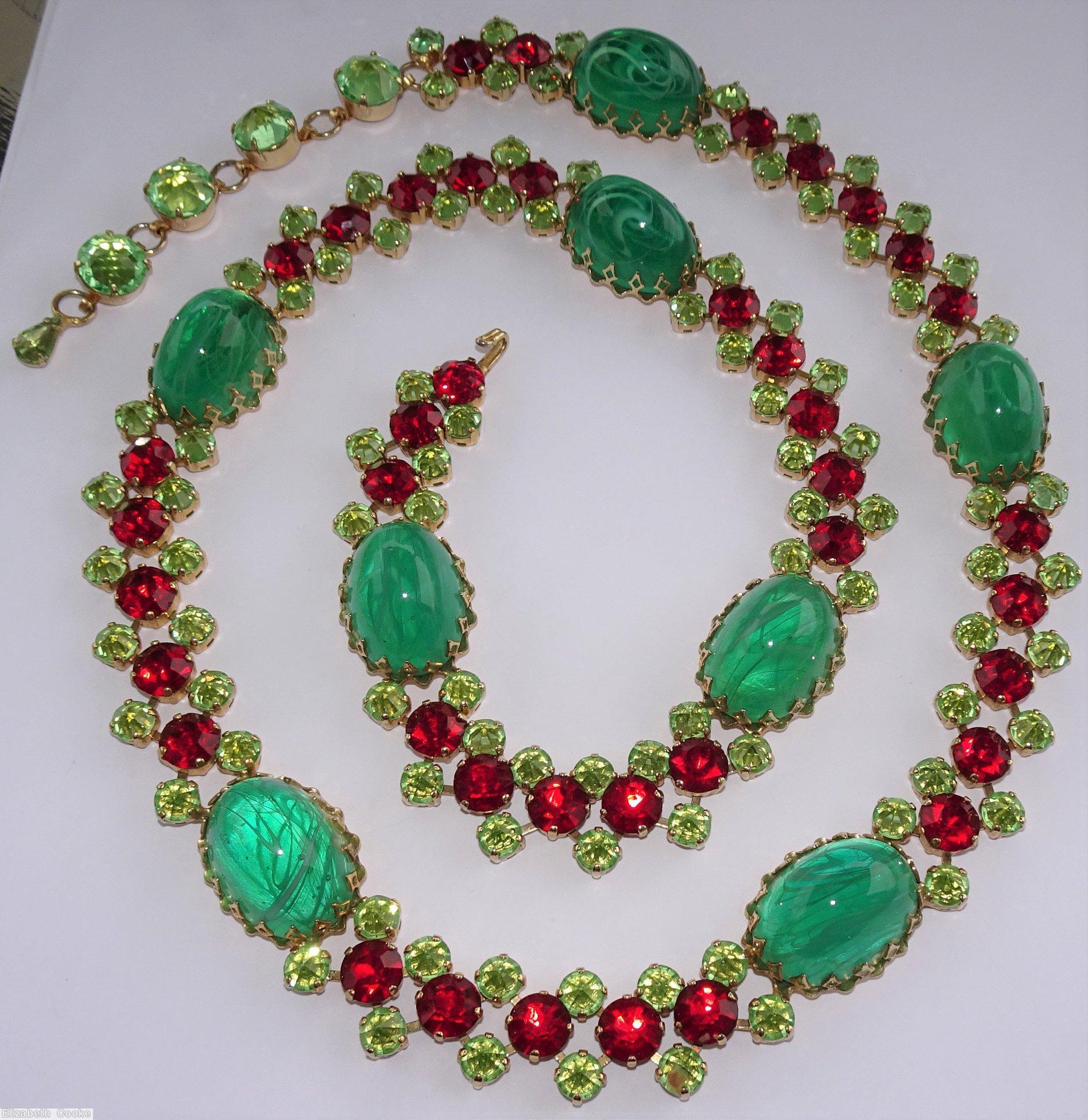 Schreiner 8 large oval cab connected by 5 large chaton 12 small chaton marbled emerald large oval cab ruby clear green jewelry
