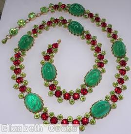 Schreiner 8 large oval cab connected by 5 large chaton 12 small chaton marbled emerald large oval cab ruby clear green jewelry