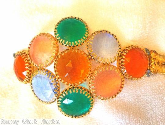 Schreiner 9 large rose cut disc buckle crystal coral emerld amber goldtone jewelry