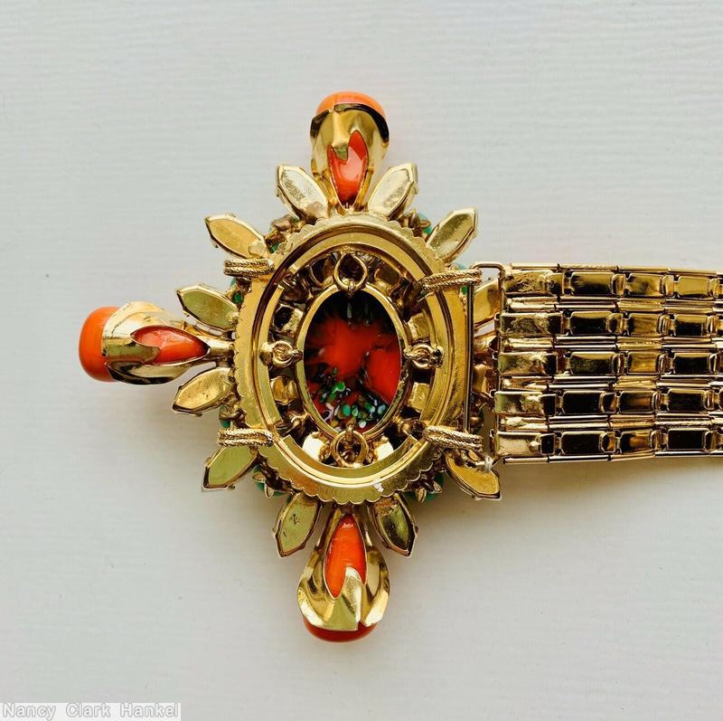 Schreiner diamond shaped radial 4 large bubble buckle large oval center 2 round 12 navette metal cup deco marbled coral teardrop art glass millefiori large oval center faux pearl green crystal faceted navette goldtone jewelry