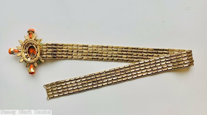 Schreiner diamond shaped radial 4 large bubble buckle large oval center 2 round 12 navette metal cup deco marbled coral teardrop art glass millefiori large oval center faux pearl green crystal faceted navette goldtone jewelry