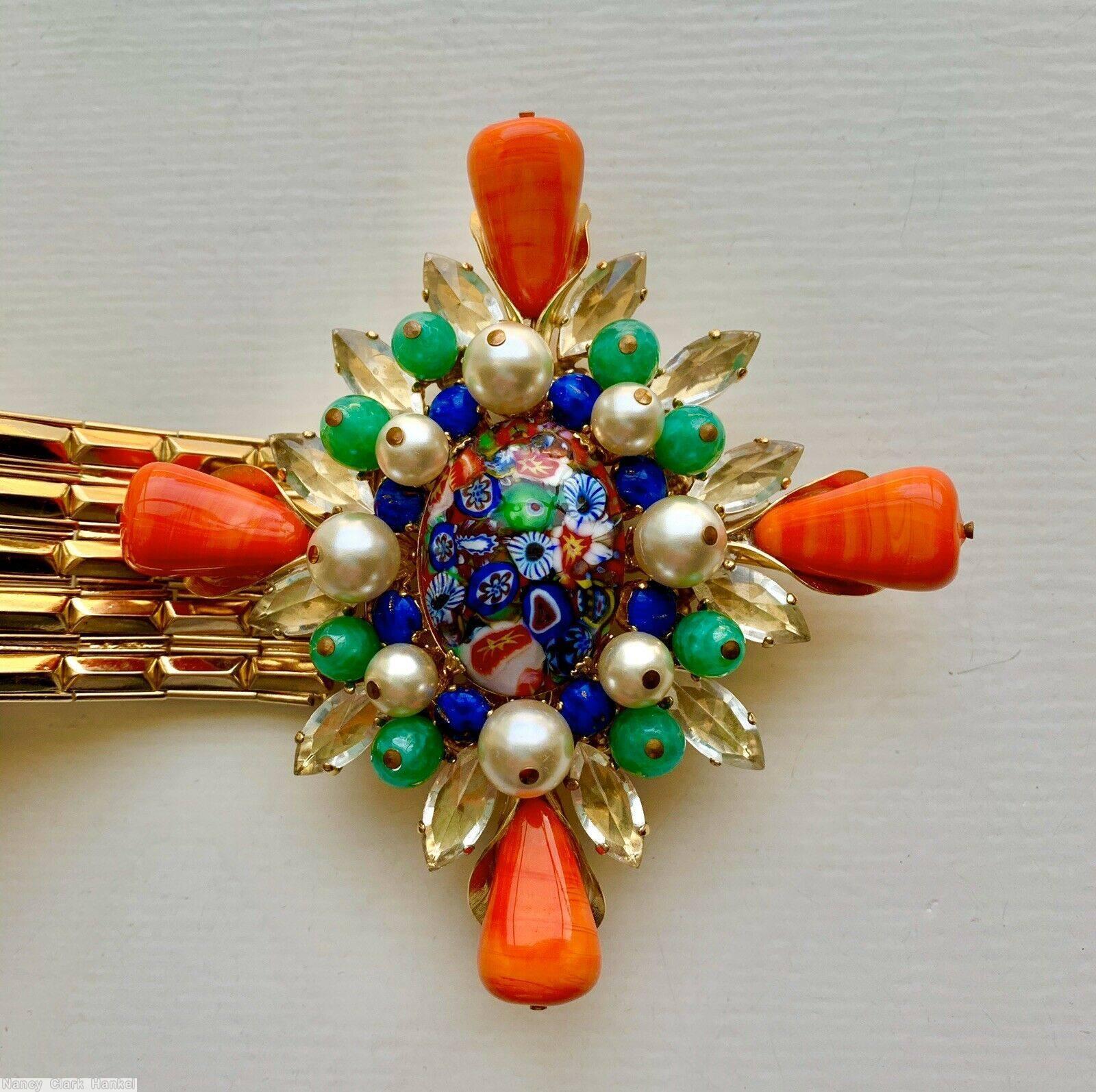 Schreiner diamond shaped radial 4 large bubble buckle large oval center 2 round 12 navette metal cup deco marbled coral teardrop art glass millefiori large oval center faux pearl green crystal faceted navette goldtone jewelry