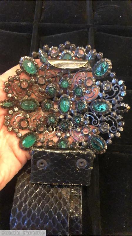 Schreiner giant round scroll work deco buckle 9 large oval cab 8 surrounding chaton 4 small navette emerald crystal black snake skin belt jewelry