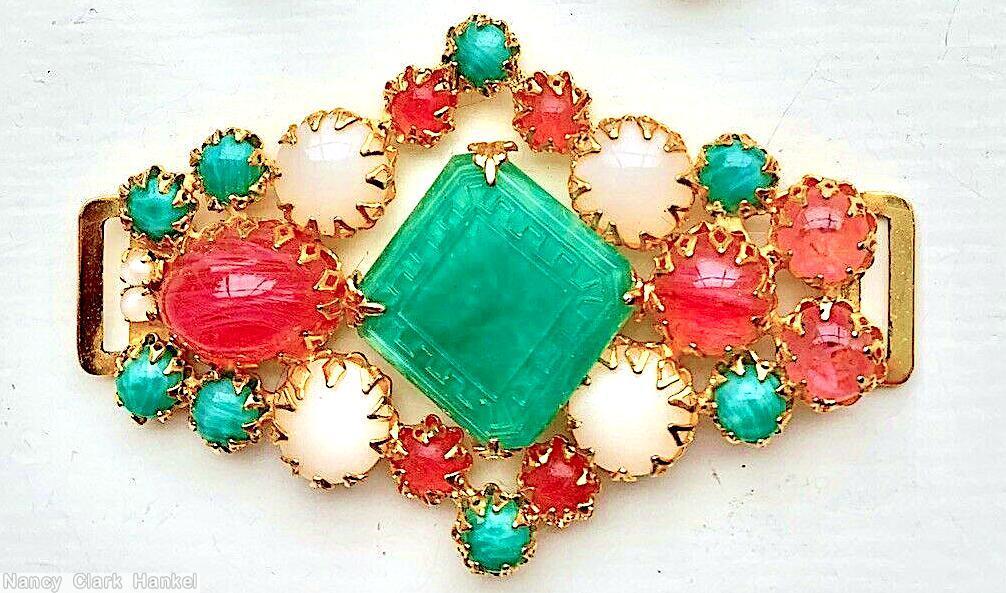 Schreiner large greek key square stone center buckle 1 large oval cab 5 large chaton jade greek key square stone moonglow white chaton marbled pink goldtone jewelry