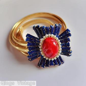 Schreiner radial keystone ruffle cross pin large oval center hook eye lapis keystone faux pearl surrounding red art glass large oval center goldtone jewelry