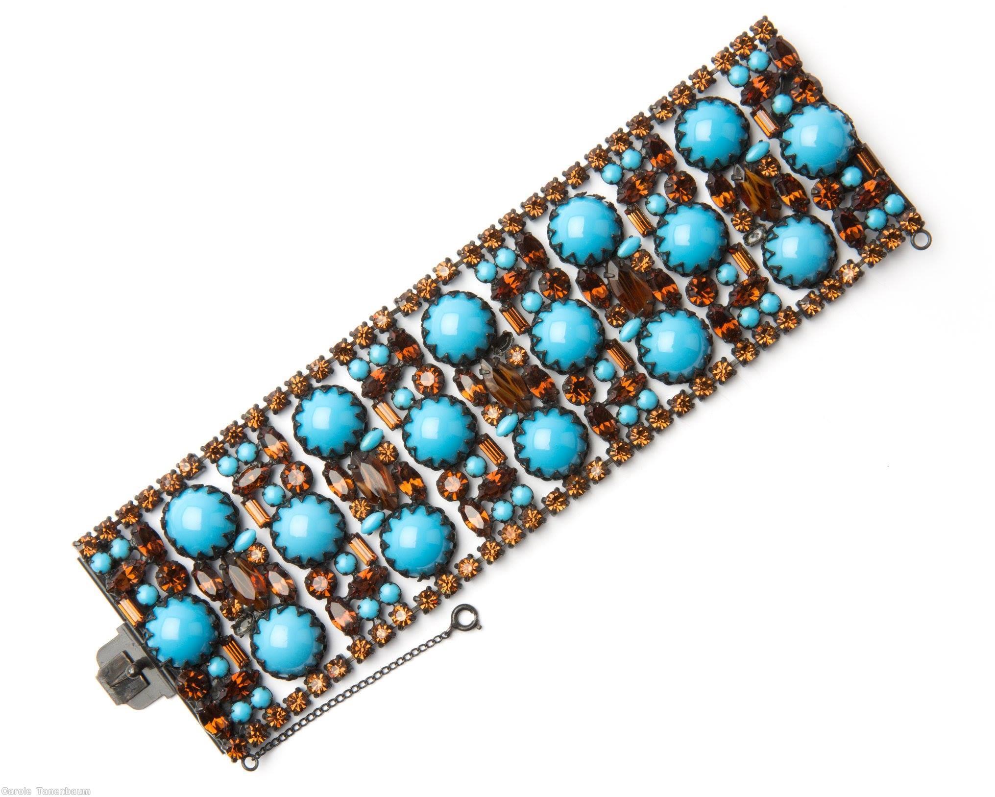 Schreiner 11 column wide bracelet 16 large chaton baby blue chaton amber japanned jewelry
