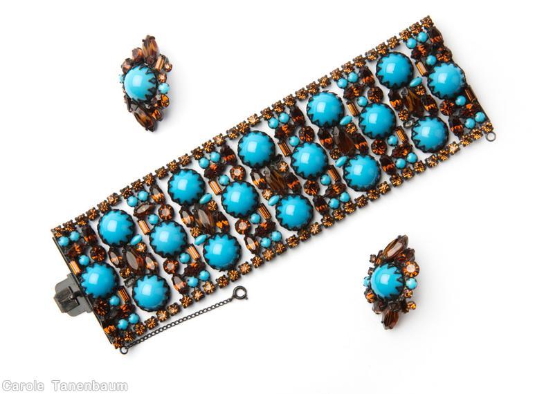 Schreiner 11 column wide bracelet 16 large chaton baby blue chaton amber japanned jewelry