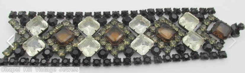 Schreiner 12 large square stone bracelet faceted crystal square stone amber peridot jet japanned jewelry