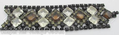Schreiner 12 large square stone bracelet faceted crystal square stone amber peridot jet japanned jewelry