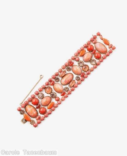Schreiner 13 row 7 large oval cab bracelet small chaton border some row horizontal large oval cab some row vertical oval cab round cab small navette marbled large coral oval cab carnelian small navette smoky small chaton coral small chaton goldtone jewelry