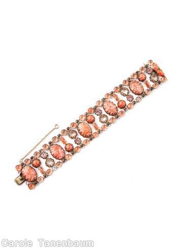 Schreiner 16 row 5 large oval cab bracelet bordered small chaton small round cab navette row 2 chaton row large marbled coral oval cab peach small oval stone crystal small chaton jewelry