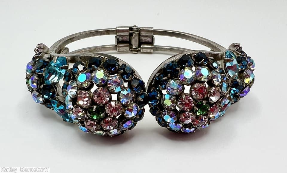 Schreiner 2 half clustered ball of chaton clamper green pink small chaton blue navette silvertone jewelry