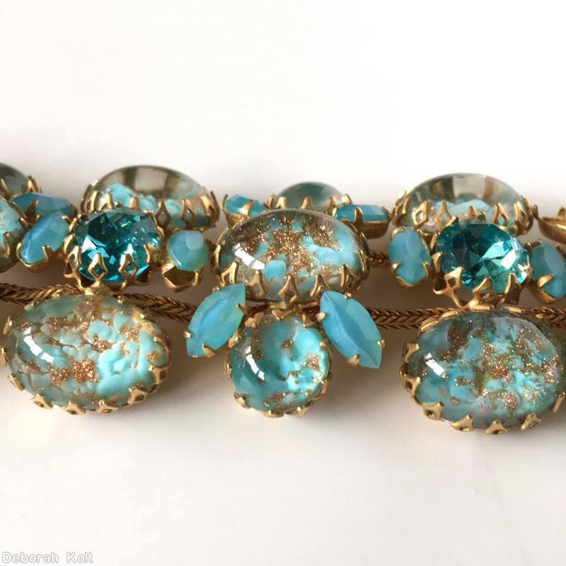 Schreiner 2 strand 4 large oval cab 5 small chaton 10 small navette center row 5 large oval cab side row aqua venetian glass oval cab moonglow aqua small navette goldtone jewelry
