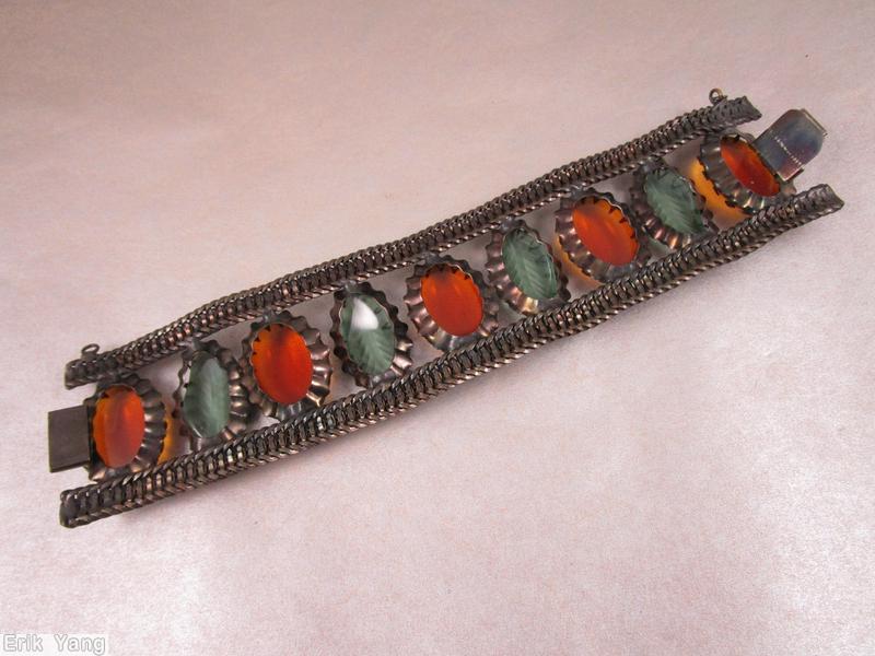 Schreiner 2 strand bordered 4 engraved leaf bracelet 5 large oval cab carnelian oval cab frosted ice blue engraved leaf copper back jewelry