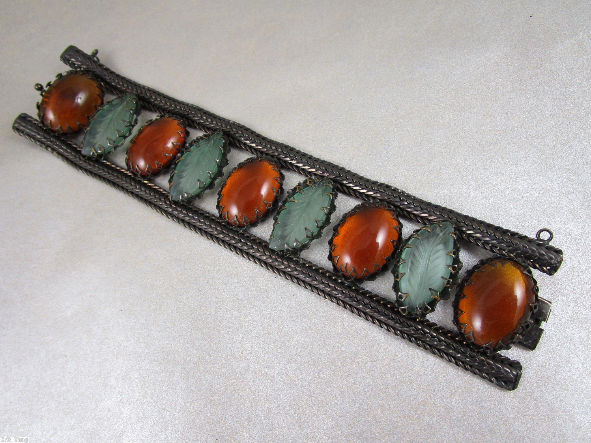 Schreiner 2 strand bordered 4 engraved leaf bracelet 5 large oval cab carnelian oval cab frosted ice blue engraved leaf copper back jewelry