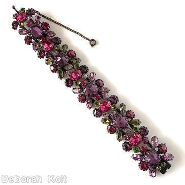 Schreiner 2 strand 5 large chaton 5 oval stone center row small chaton navette side row purple large faceted chaton pink faceted oval stone olivine pale lavender jewelry