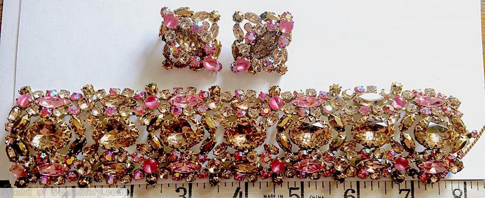 Schreiner 3 row wide bracelet 7 large oval faceted stone navette surrounded by chaton topaz large oval stone moonglow pink small chaton metalic gold navette pink topaz navette goldtone jewelry