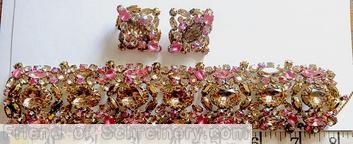 Schreiner 3 row wide bracelet 7 large oval faceted stone navette surrounded by chaton topaz large oval stone moonglow pink small chaton metalic gold navette pink topaz navette goldtone jewelry