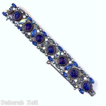 Schreiner 3 row 7 large round cab 7 tilted navette center row faux pearl navette small chaton side row lapis large round cab ab blue crystal jewelry