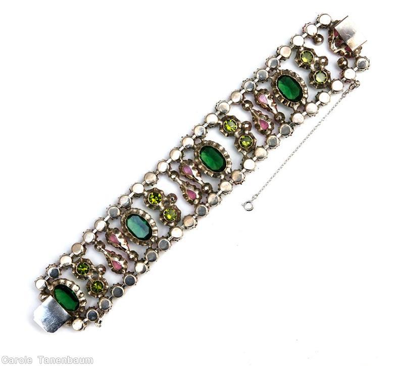 Schreiner 4 large oval stone 13 column bracelet peridot pink green silvertone jewelry