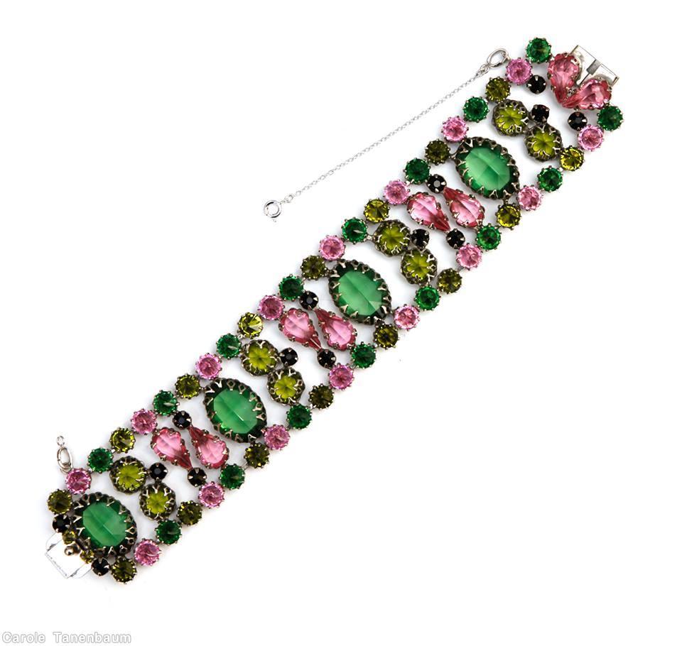 Schreiner 4 large oval stone 13 column bracelet peridot pink green silvertone jewelry