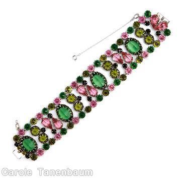 Schreiner 4 large oval stone 13 column bracelet peridot pink green silvertone jewelry