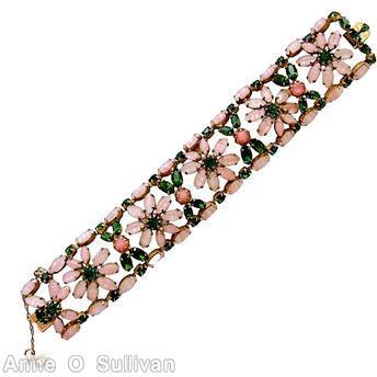Schreiner 5 flower bracelet each flower 8 navette small chaton center 12 navette border 12 chaton striped pink navette green navette coral opaque chaton goldtone jewelry