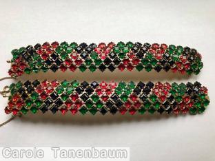 Schreiner 5 row 215 small square stone bracelet ruby emerald jet goldtone jewelry