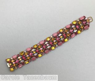 Schreiner 5 row bracelet 2 bordered row of emerald cut 3 center row of small navette moonglow pink amber fuchsia ab goldtone jewelry