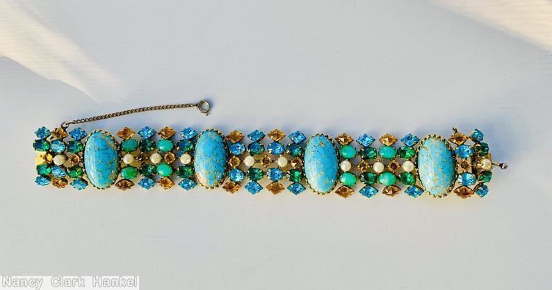 Schreiner 5 row wide bracelet 4 large oval cab turquoise large oval cab amber faux pearl blue square stone green goldtone jewelry