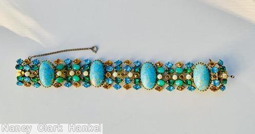 Schreiner 5 row wide bracelet 4 large oval cab turquoise large oval cab amber faux pearl blue square stone green goldtone jewelry