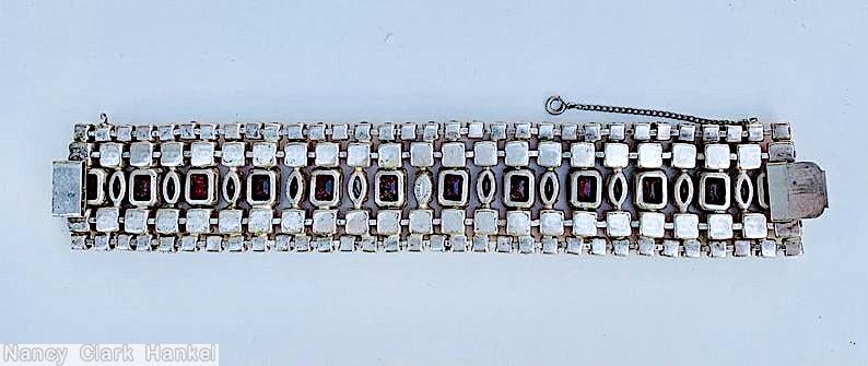 Schreiner 5 rows wide bracelet 12 emerald cut 11 navette center 23 square stone row 32 small chaton row mottled purple emerald cut pink faceted square stone pale pink clear chaton jewelry