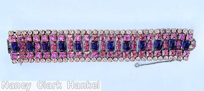 Schreiner 5 rows wide bracelet 12 emerald cut 11 navette center 23 square stone row 32 small chaton row mottled purple emerald cut pink faceted square stone pale pink clear chaton jewelry