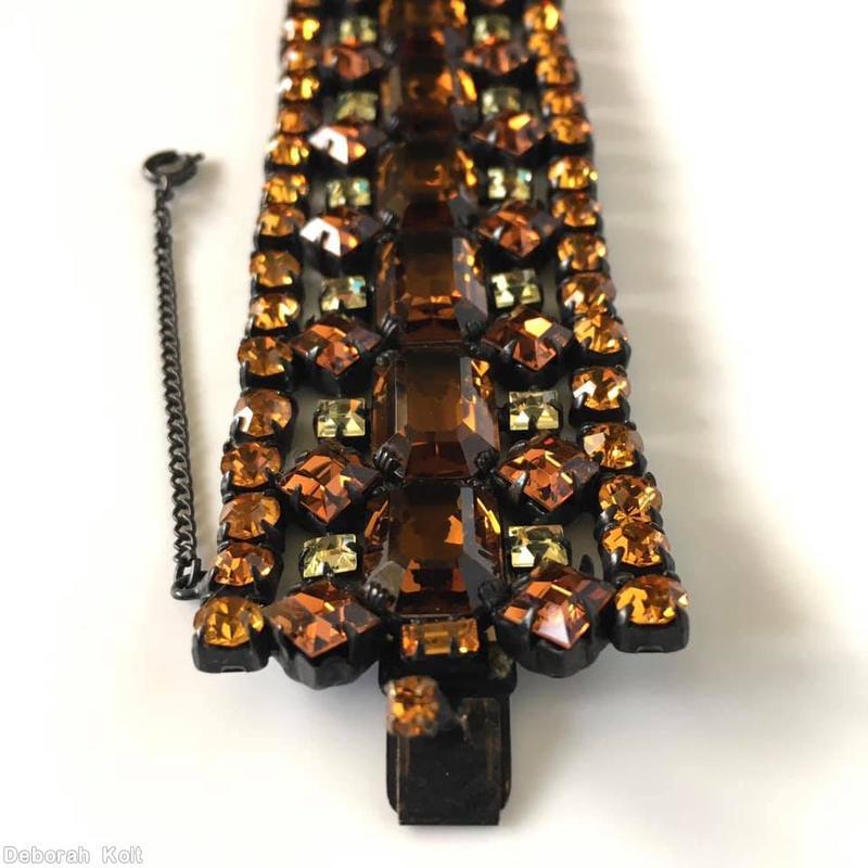 Schreiner 5 rows wide bracelet 12 large emerald cut center stone square stone small chaton amber clear champagne jewelry