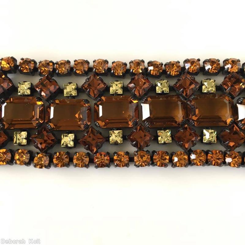 Schreiner 5 rows wide bracelet 12 large emerald cut center stone square stone small chaton amber clear champagne jewelry