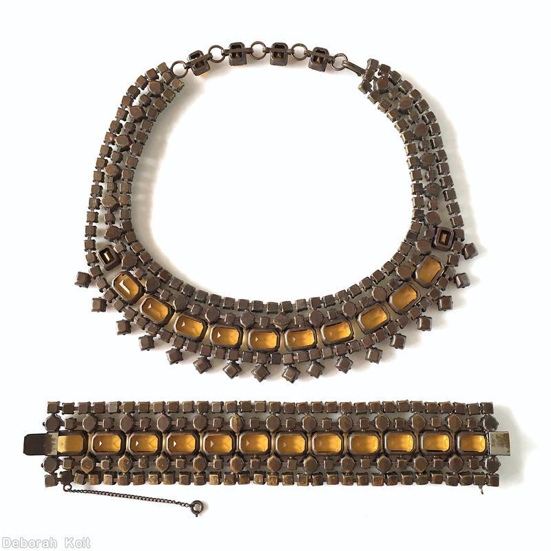 Schreiner 5 rows wide bracelet 12 large emerald cut center stone square stone small chaton amber clear champagne jewelry