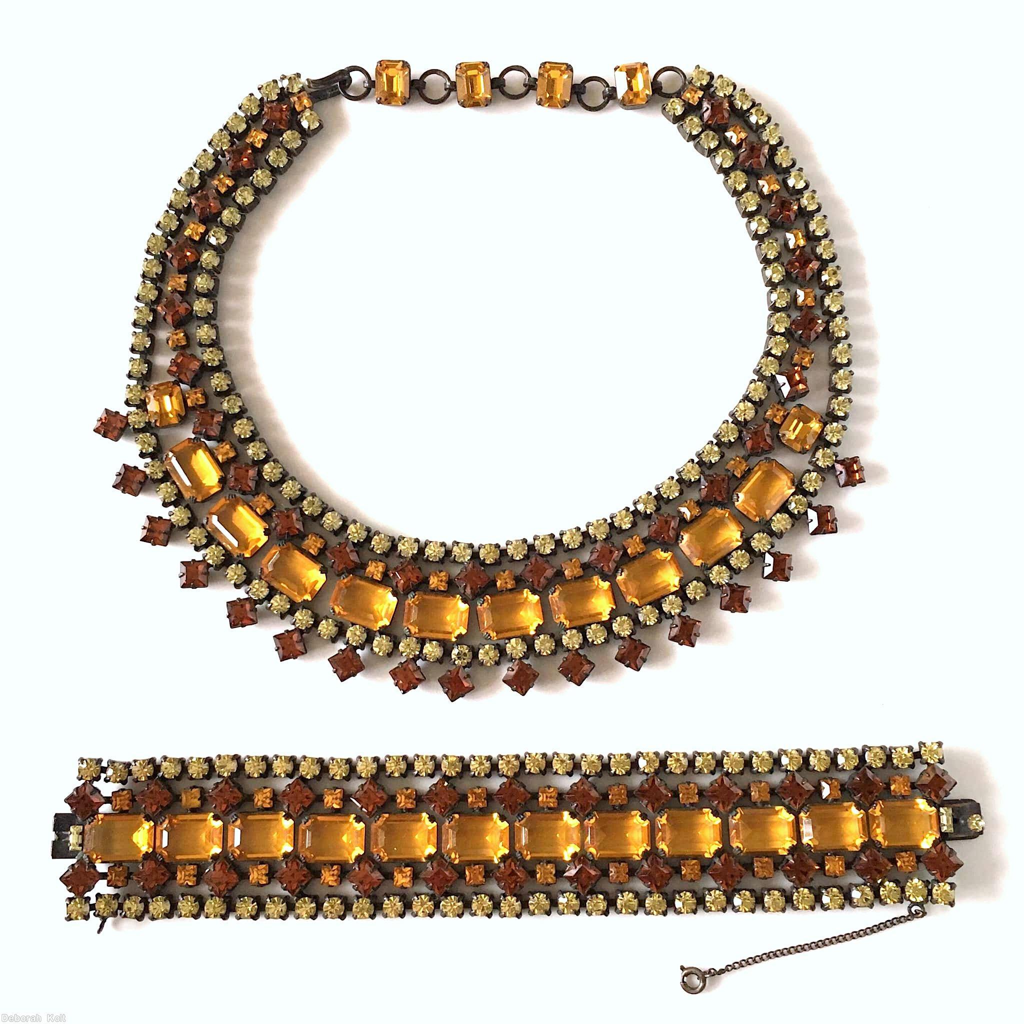 Schreiner 5 rows wide bracelet 12 large emerald cut center stone square stone small chaton amber clear champagne jewelry