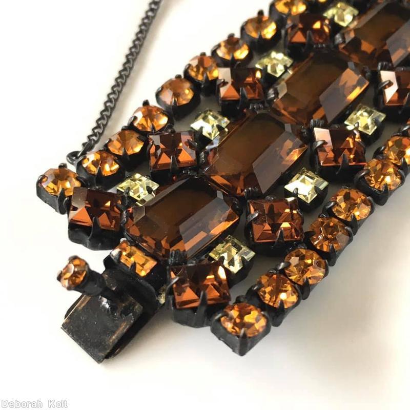 Schreiner 5 rows wide bracelet 12 large emerald cut center stone square stone small chaton amber clear champagne jewelry