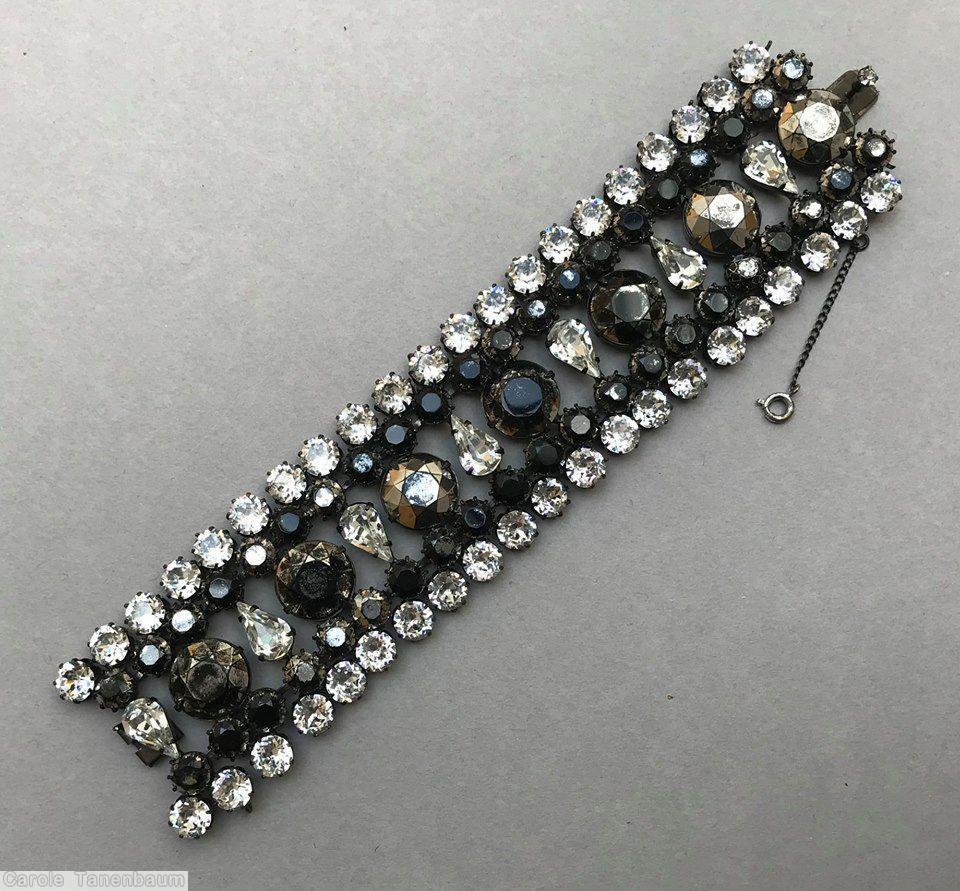 Schreiner 5 rows wide bracelet 7 large chaton 7 teardrop center small chaton crystal jet smoke jewelry