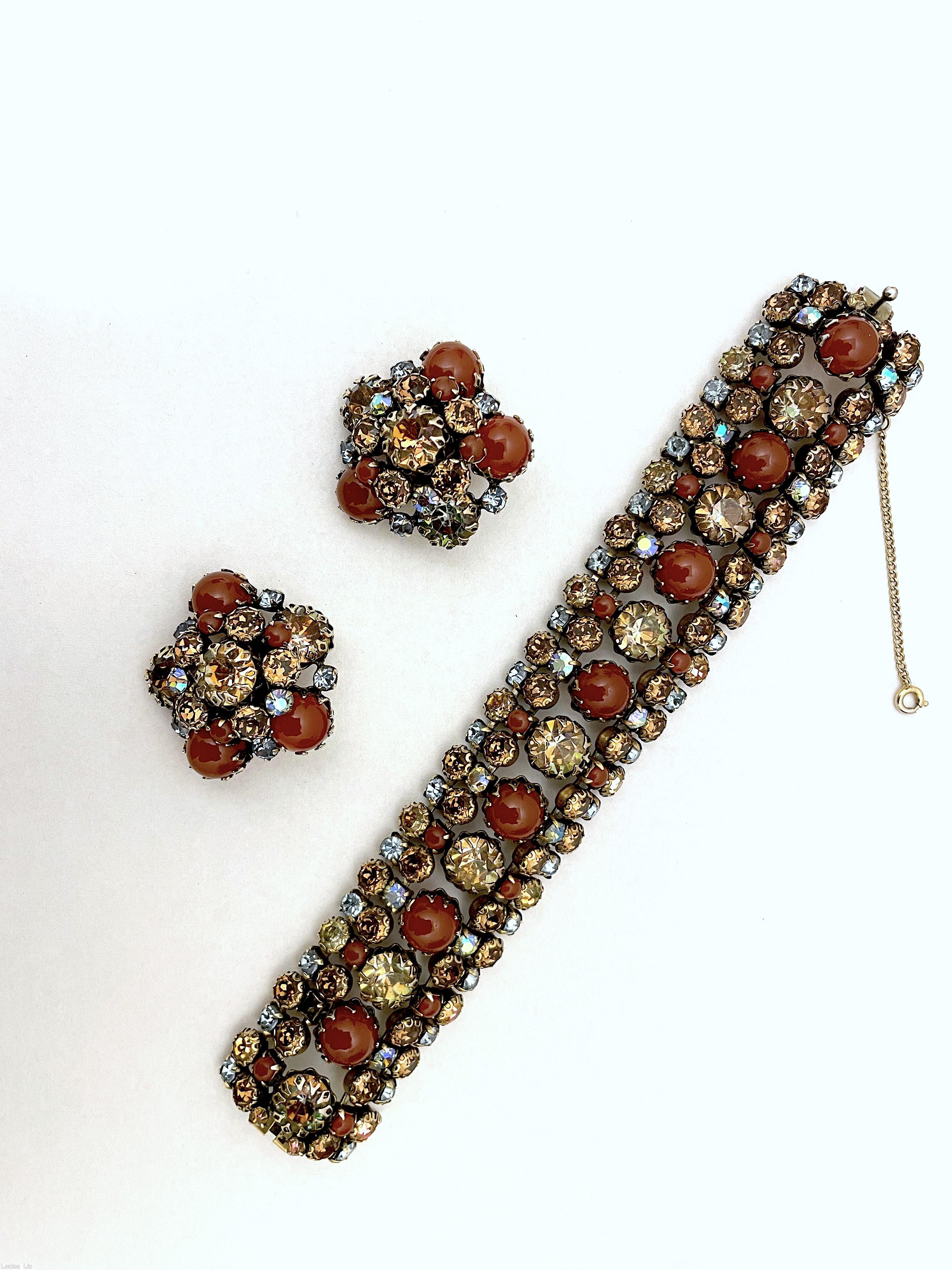 Schreiner 5 rows 14 chaton center row clear champagne carnelian crystal small chaton goldtone jewelry