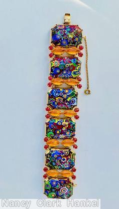 Schreiner 6 hexagon large millefiori 10 navette 20 small chaton single row bracelet coral goldtone jewelry